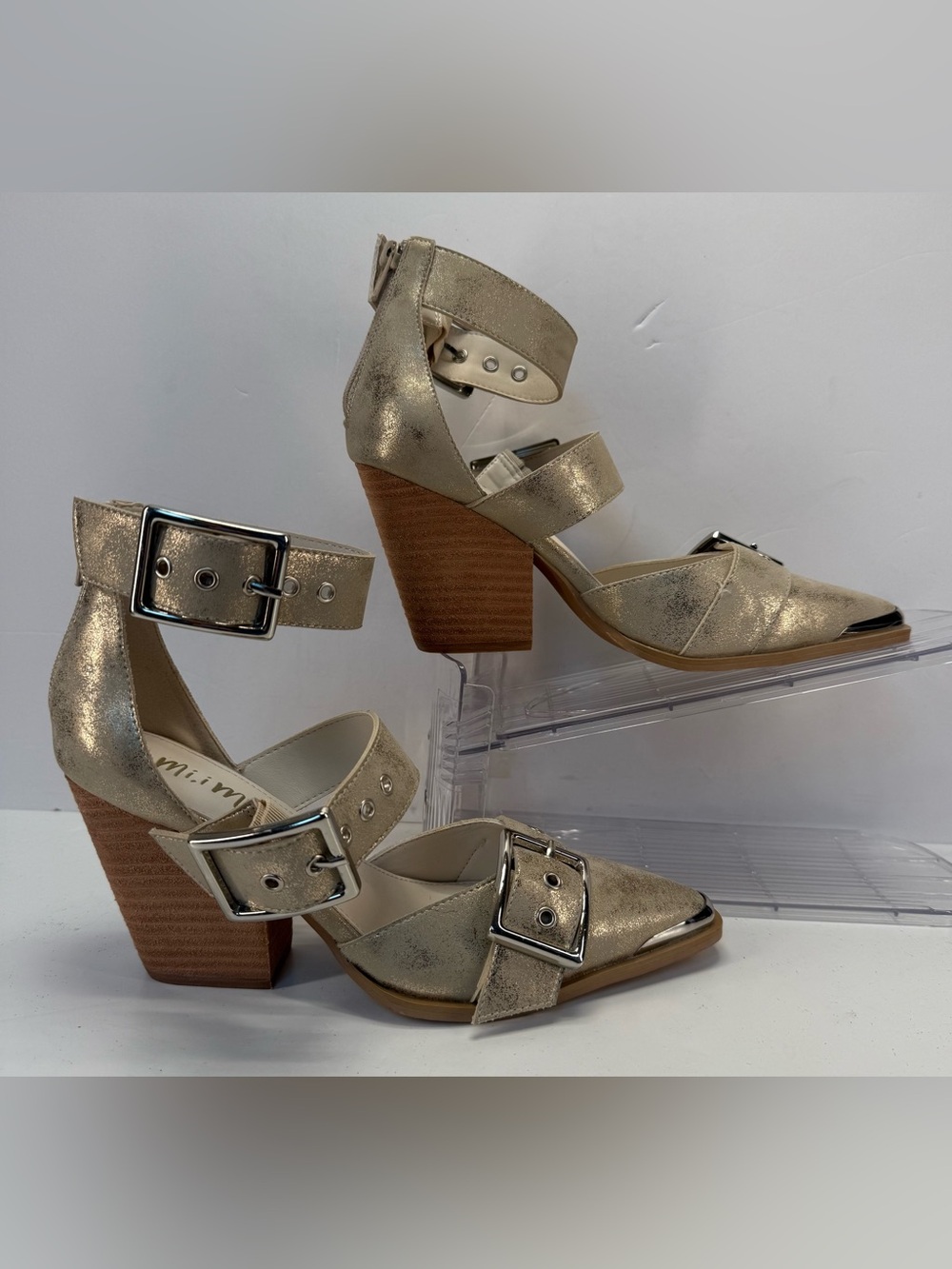 Mi Mi Hendrix Triple Buckle gold Metallic Block Heel Pumps for Women size 8 - Picture 5 of 16